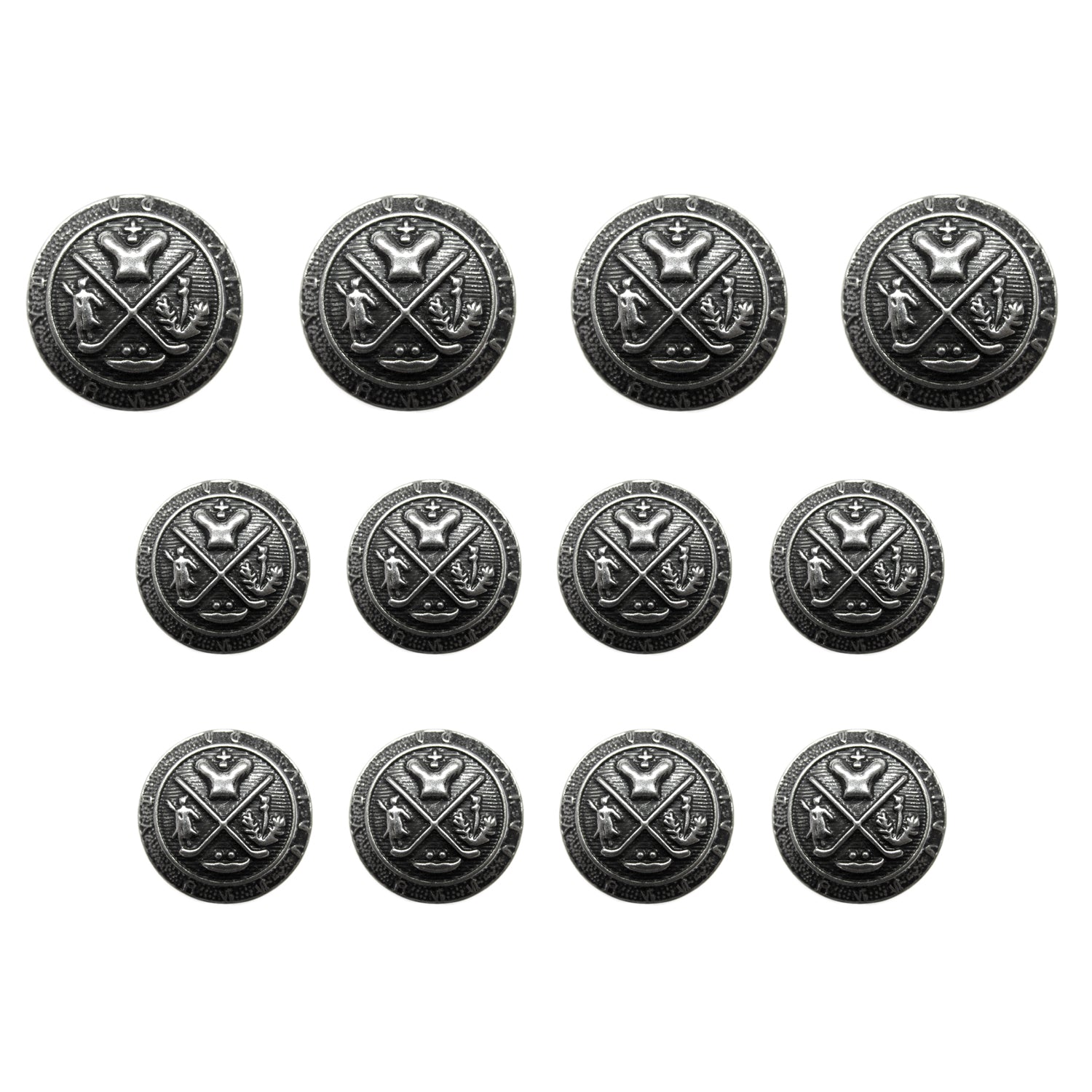 Set of eleven identical round silver Coat of Arms Design Metal Blazer Buttons, each featuring crossed swords and a shield, ideal for blazers, displayed on a white background.