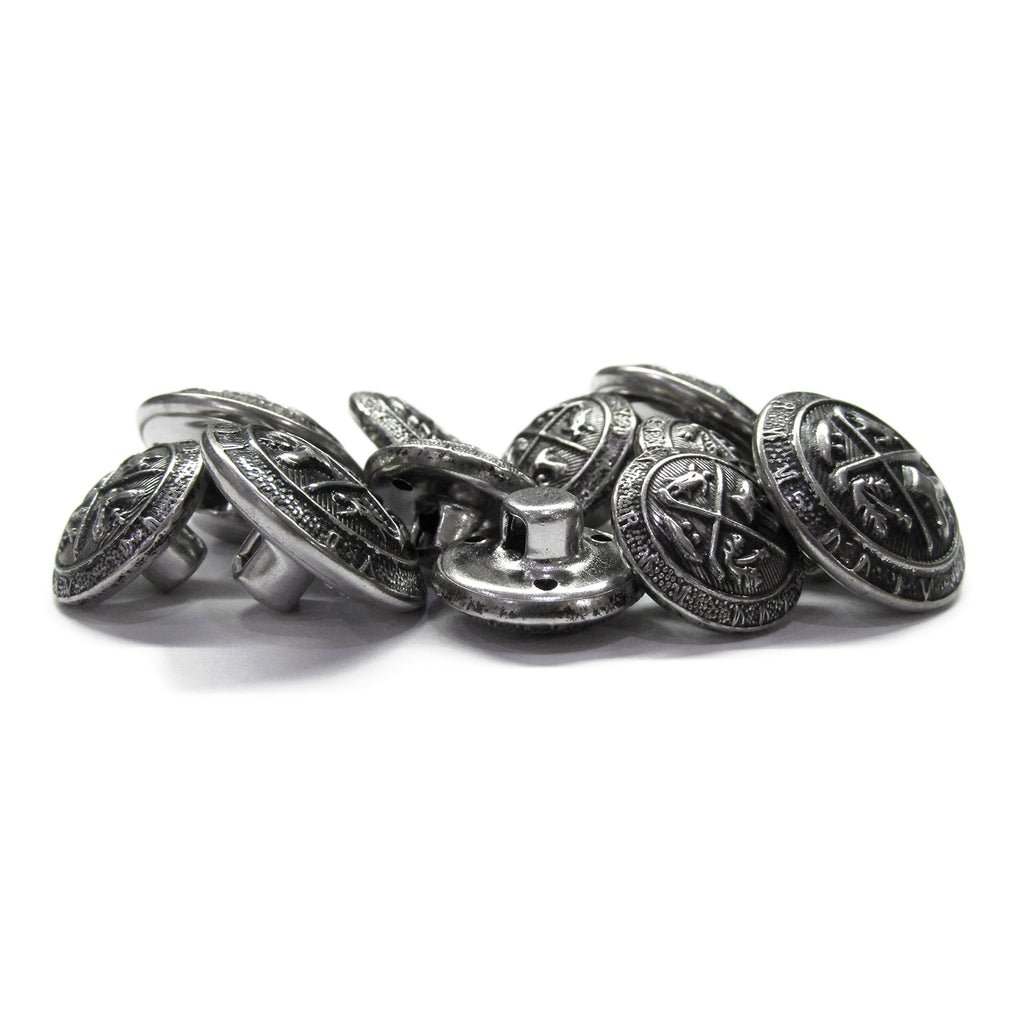 A set of Coat of Arms Design Metal Blazer Buttons, round and silver with intricate detailing, displayed on a white background.