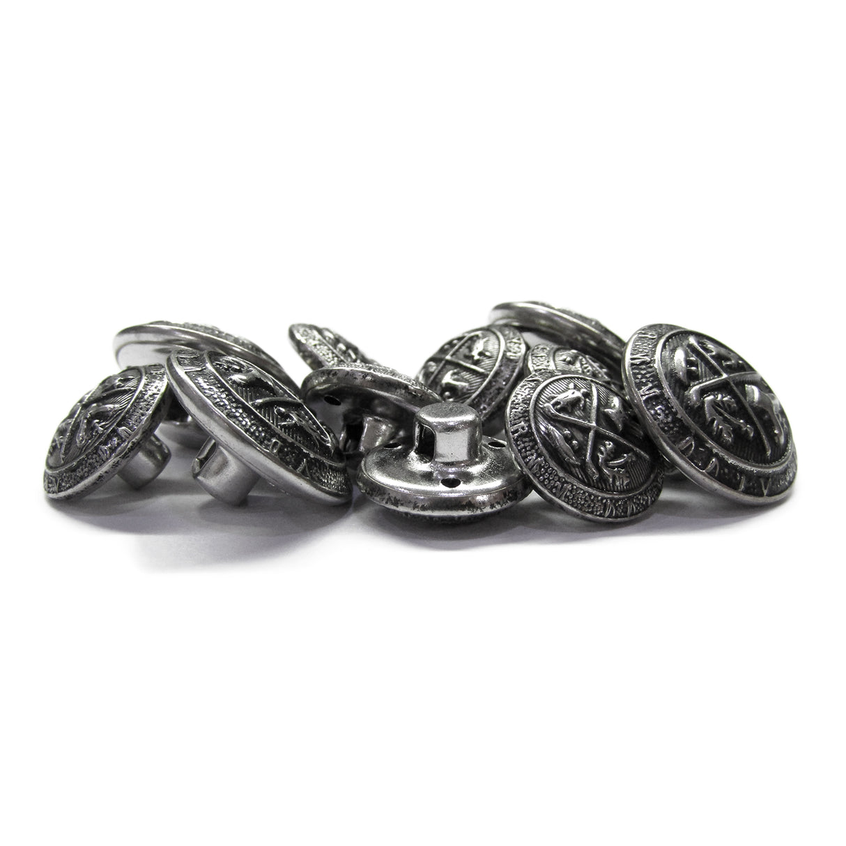 A set of Coat of Arms Design Metal Blazer Buttons, round and silver with intricate detailing, displayed on a white background.