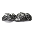 A set of Coat of Arms Design Metal Blazer Buttons, round and silver with intricate detailing, displayed on a white background.