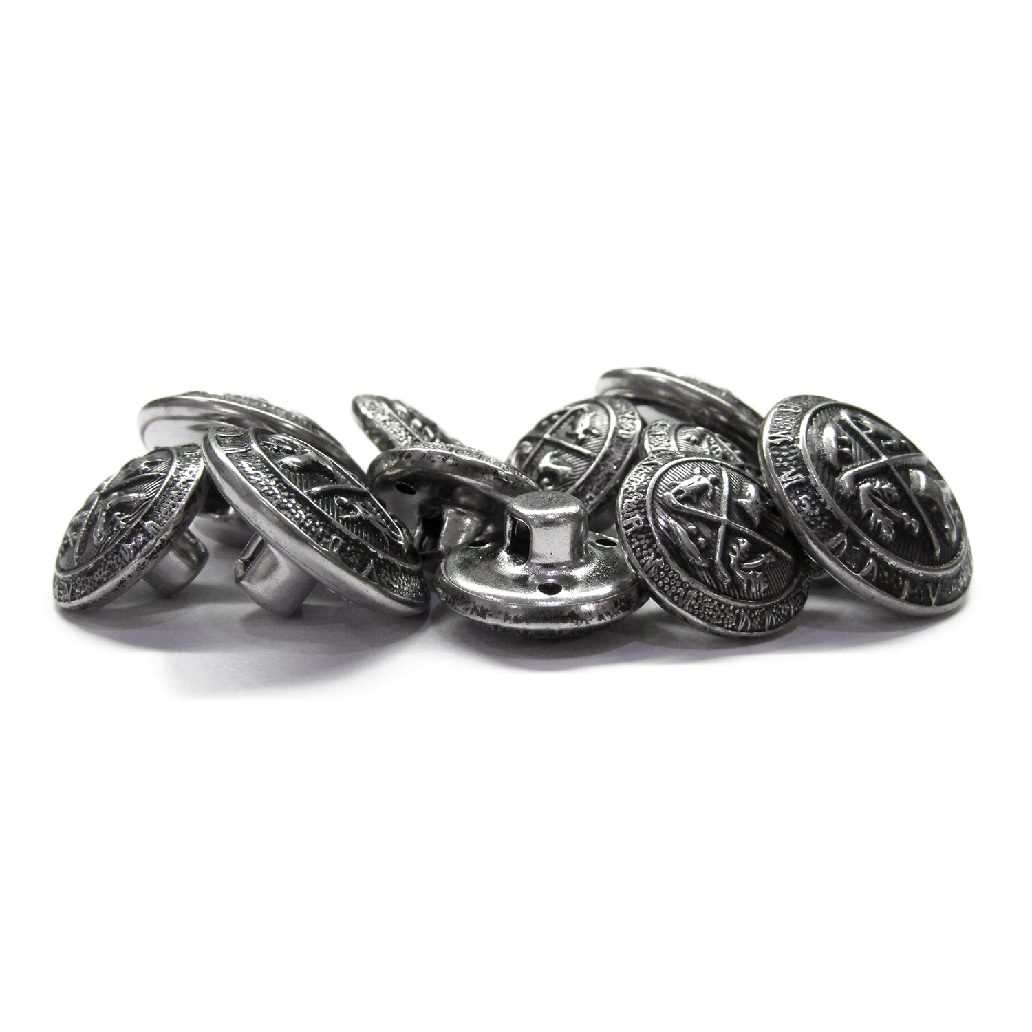 A set of Coat of Arms Design Metal Blazer Buttons, round and silver with intricate detailing, displayed on a white background.