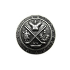 Round silver Coat of Arms Design Metal Blazer Buttons featuring crossed objects, a crown, and detailed symbols within a circular border, evoking classic blazer button style.