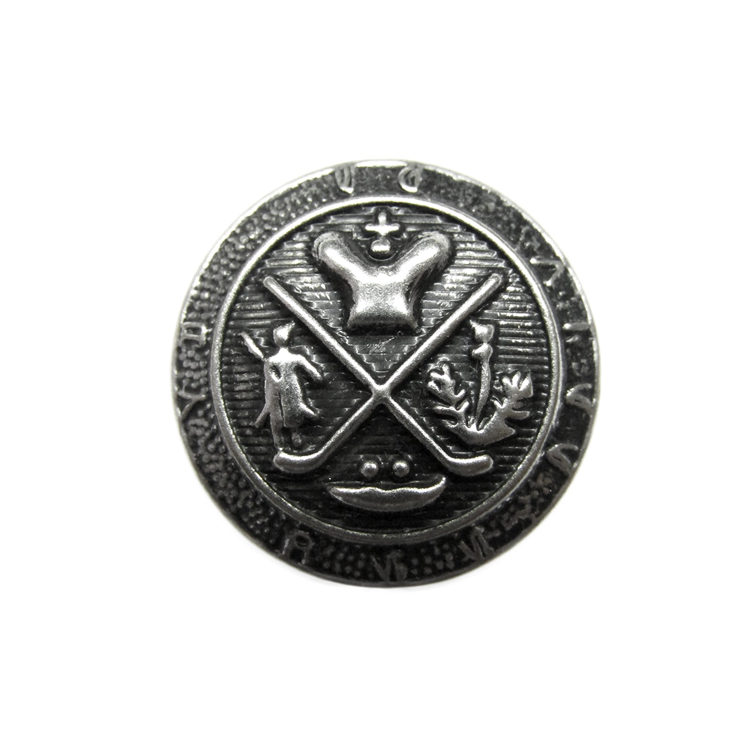 Round silver Coat of Arms Design Metal Blazer Buttons featuring crossed objects, a crown, and detailed symbols within a circular border, evoking classic blazer button style.