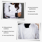 Two people wearing white chef jackets with Commercial Food Service Buttons; features and benefits of the jackets are listed beside each person.