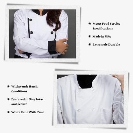 Two people wearing white chef jackets with Commercial Food Service Buttons; features and benefits of the jackets are listed beside each person.