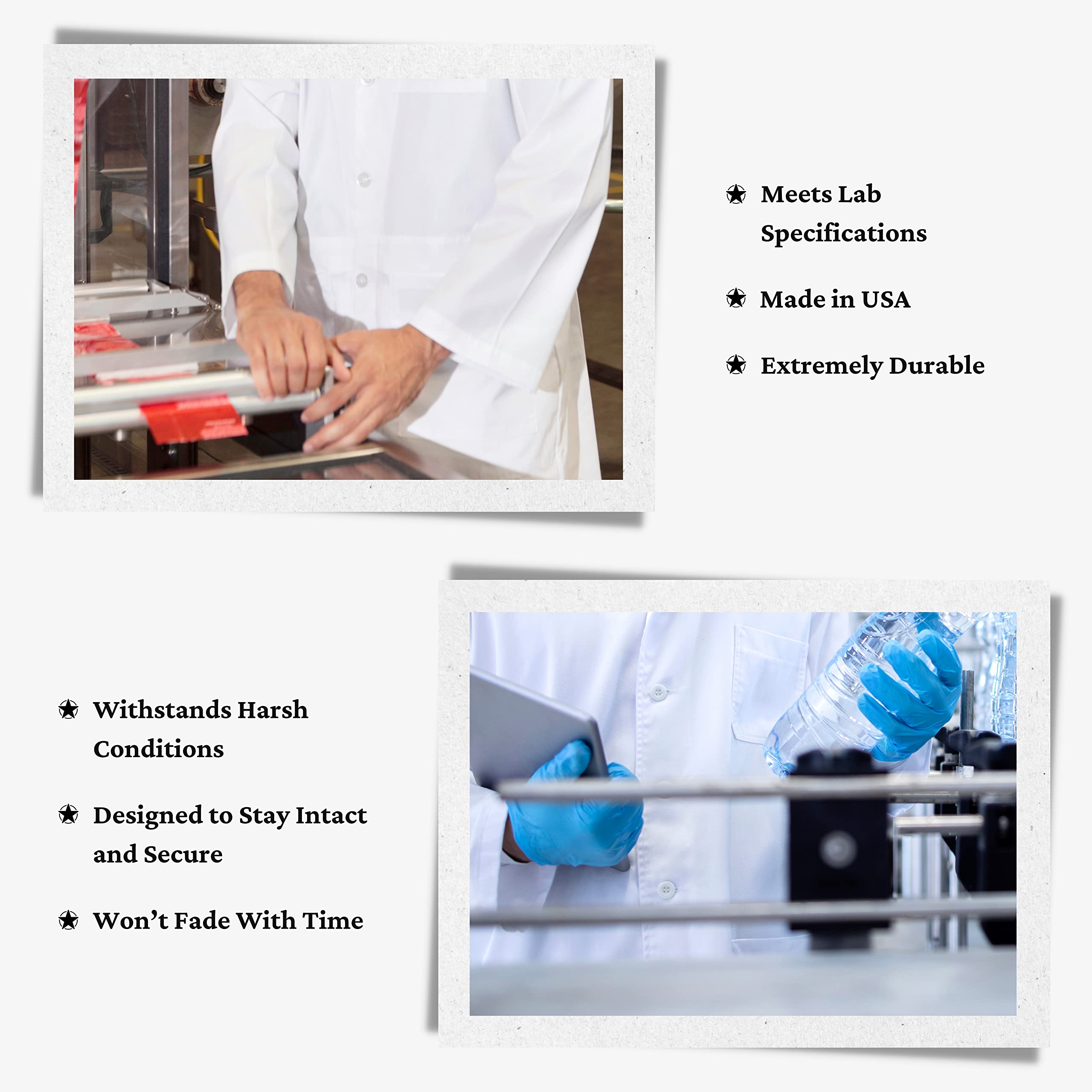 Two people in lab coats and gloves operate machinery, while text highlights the Lab Coat Buttons’ durable, scratch-resistant features.