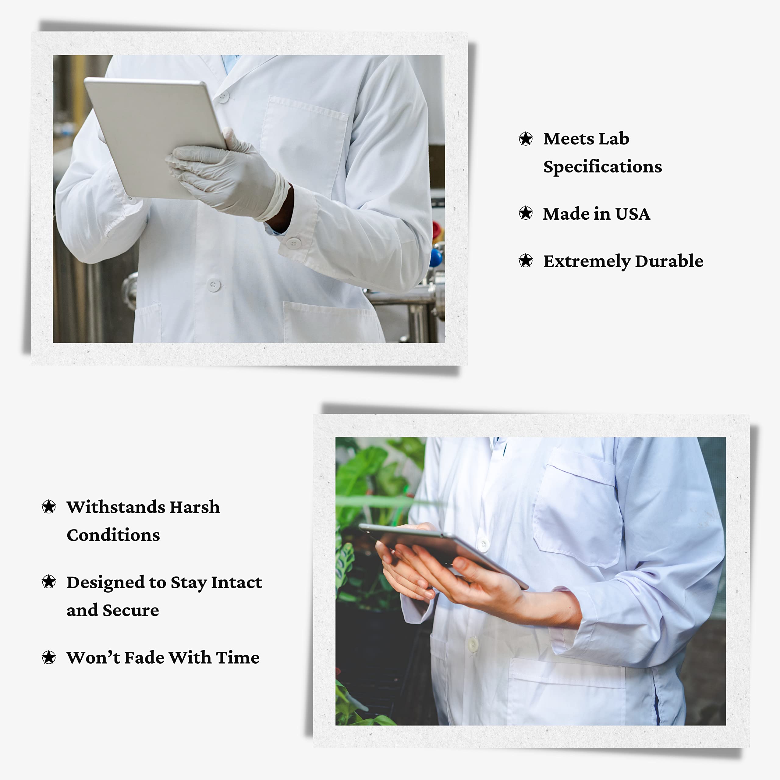 Two people in lab coats use tablets; benefits of Lab Coat Buttons, such as being scratch-resistant, are listed beside each image.