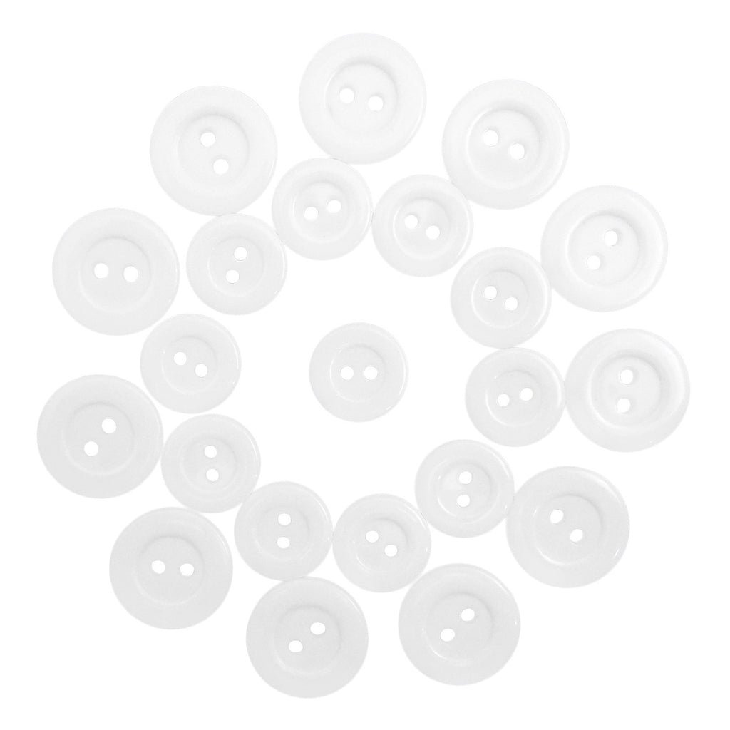 Lab Coat Buttons arranged in a ring on a white background, forming a circular pattern with small white buttons.