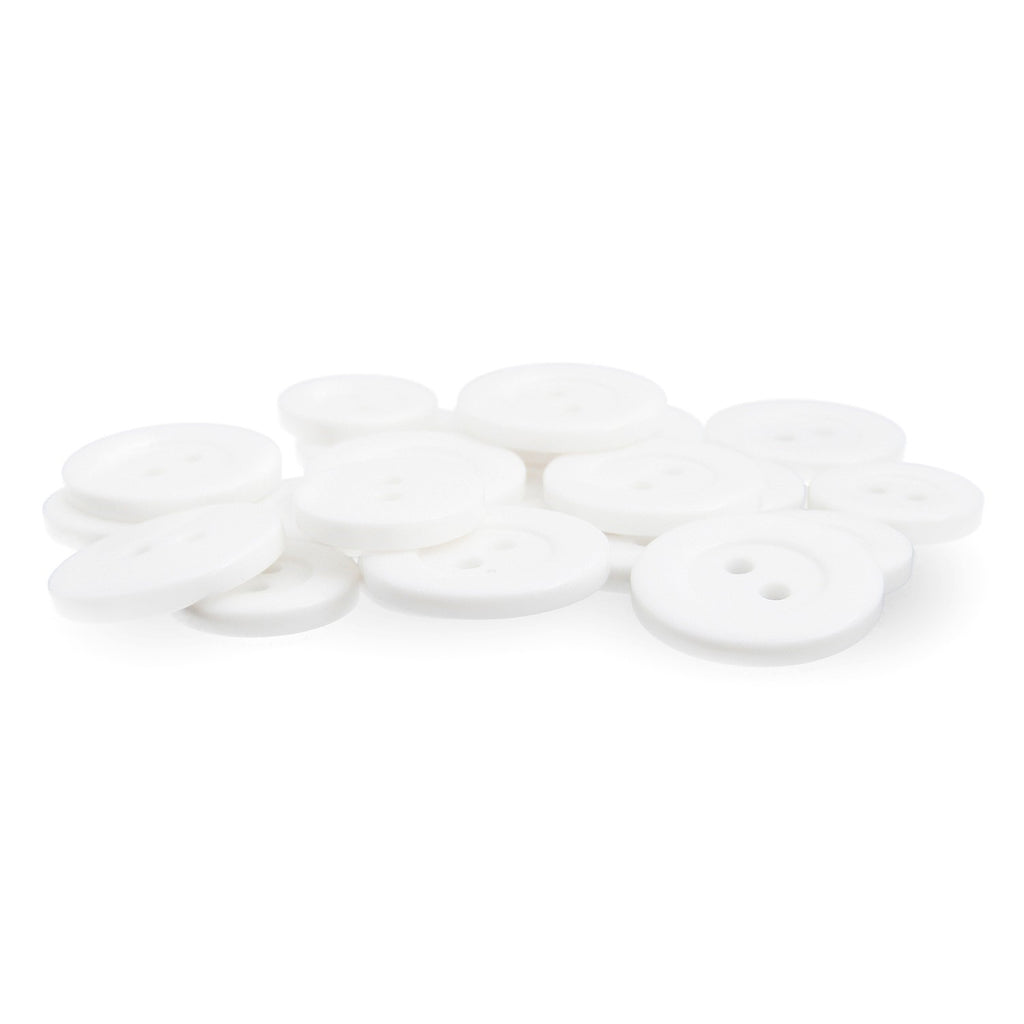 A collection of Lab Coat Buttons, each white with two holes, displayed on a plain white surface.