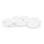 A collection of Lab Coat Buttons, each white with two holes, displayed on a plain white surface.