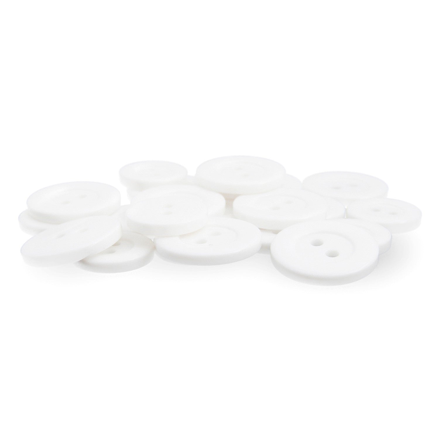 A collection of Lab Coat Buttons, each white with two holes, displayed on a plain white surface.