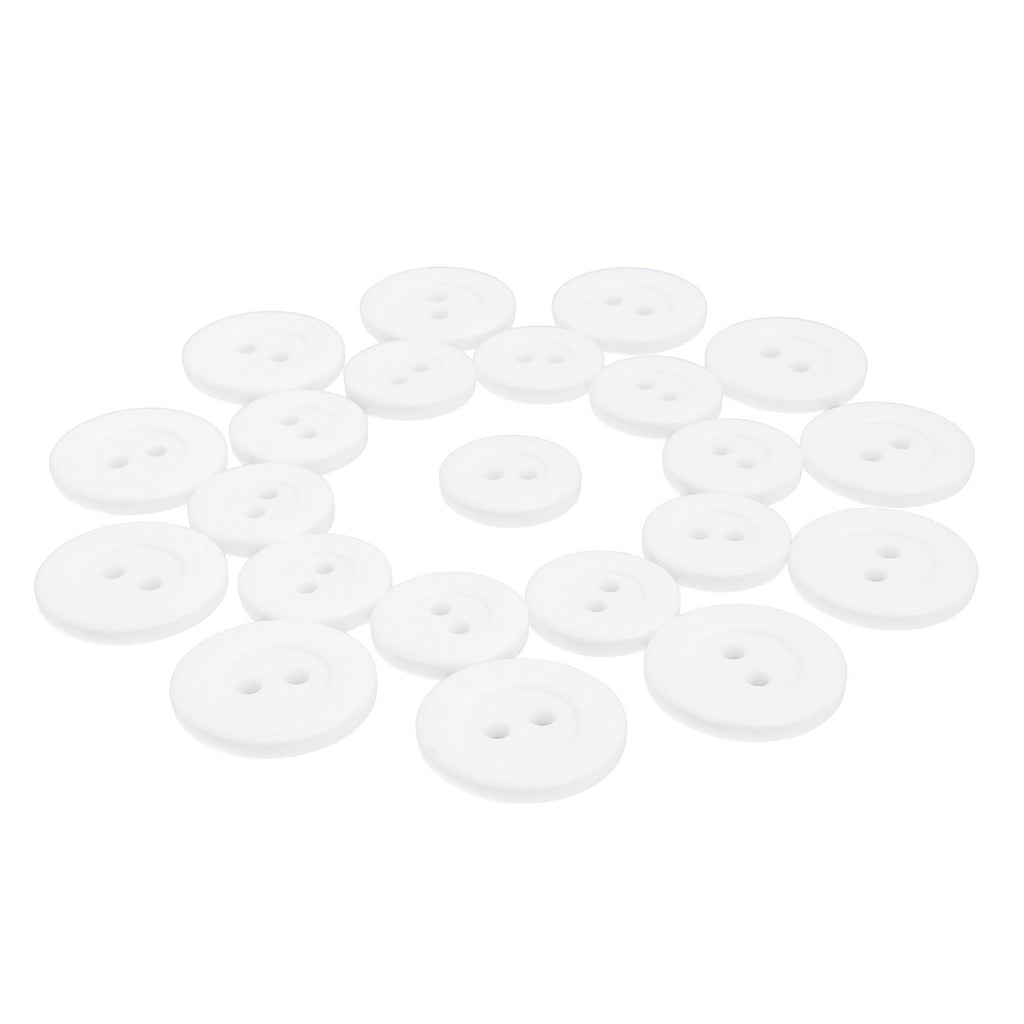 Lab Coat Buttons: white, round, scratch-resistant buttons displayed in concentric circles on a white background.