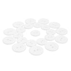 Lab Coat Buttons: white, round, scratch-resistant buttons displayed in concentric circles on a white background.