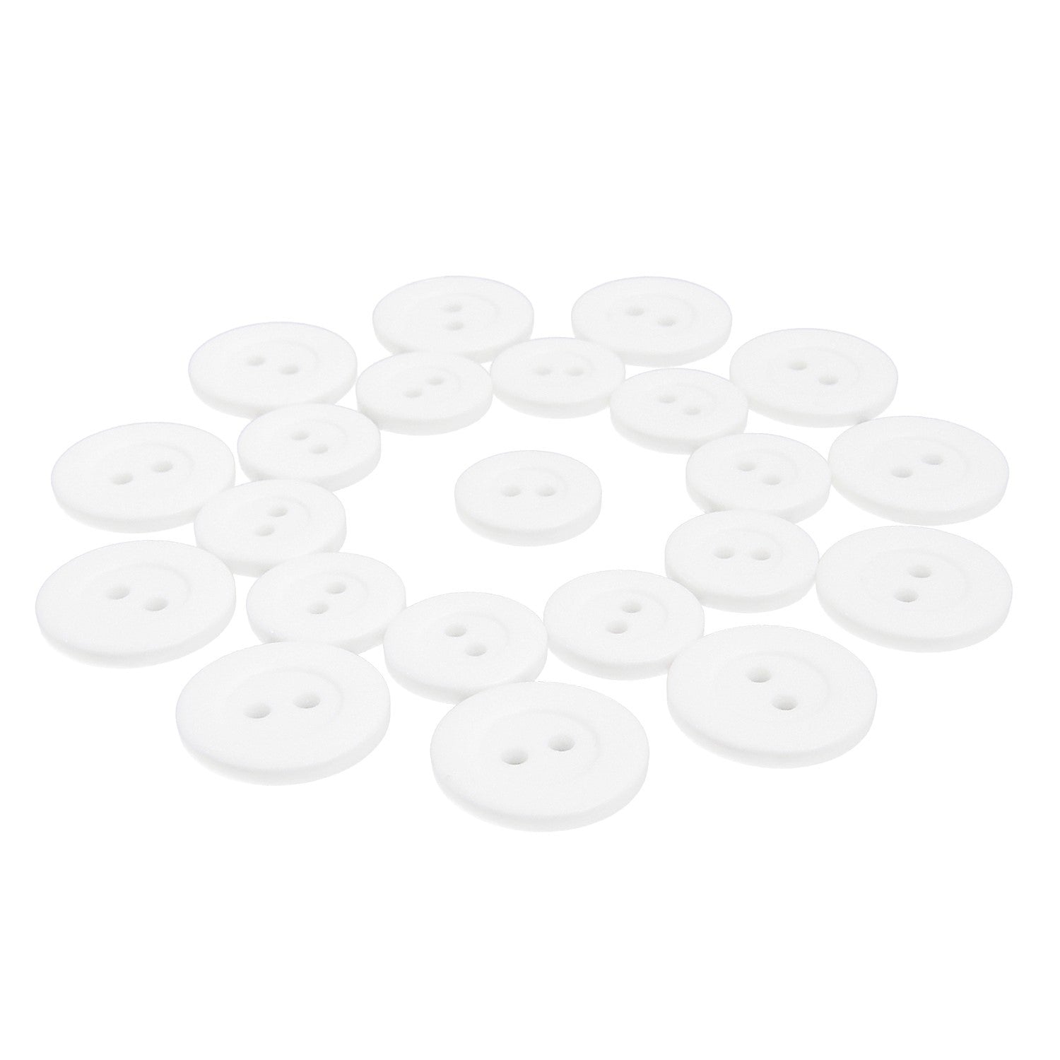 Lab Coat Buttons: white, round, scratch-resistant buttons displayed in concentric circles on a white background.