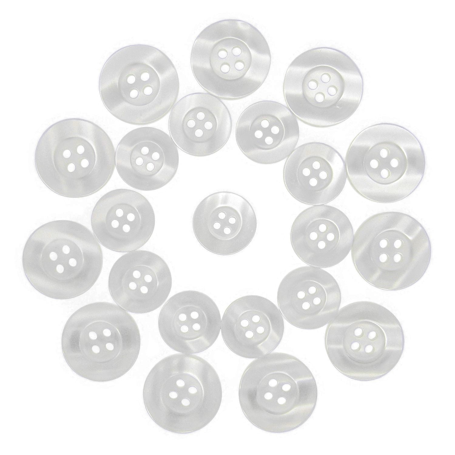 Lab Coat Buttons: Clear, scratch-resistant plastic buttons arranged in a circle on a white background—ideal for medical uniforms.