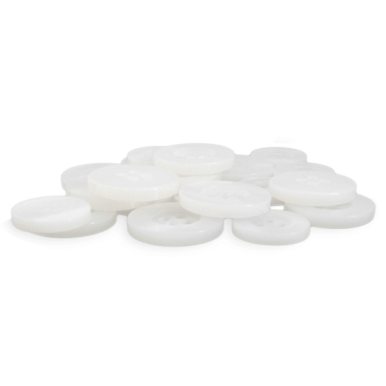 A pile of Lab Coat Buttons—small, round, white with four holes each—is displayed on a white surface.