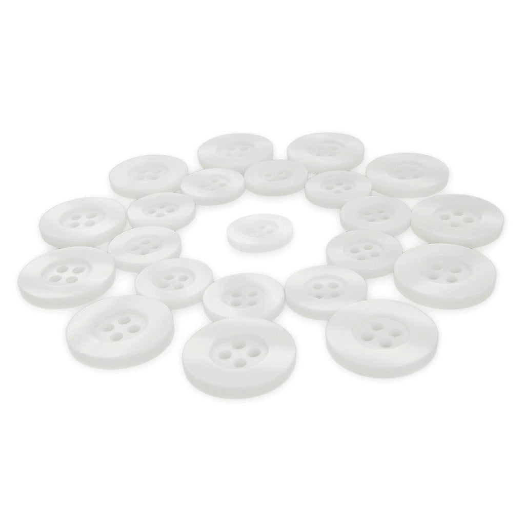 Lab Coat Buttons in various sizes are arranged in a circle on a white background.