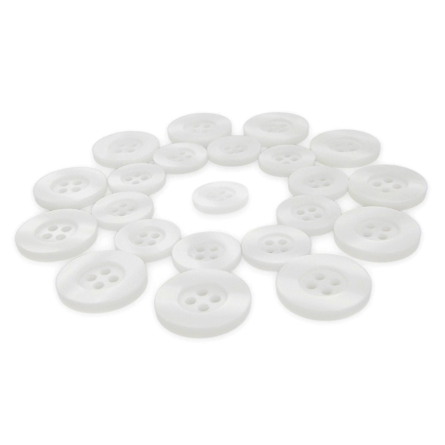 Lab Coat Buttons in various sizes are arranged in a circle on a white background.
