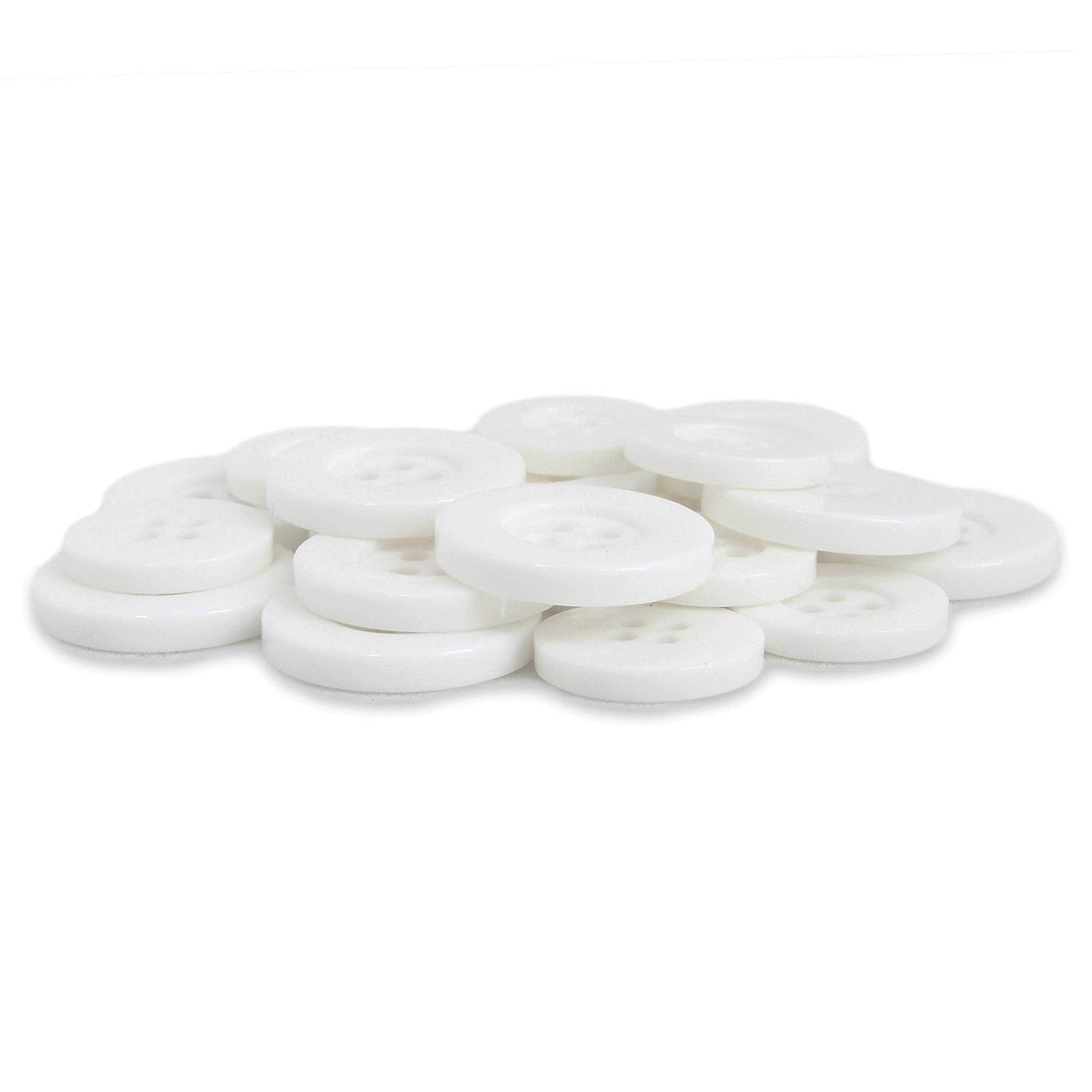 A stack of flat, round Lab Coat Buttons with four holes each, arranged on a white background.