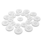 Lab Coat Buttons in assorted sizes made of white plastic, arranged in a circular pattern on a white background.