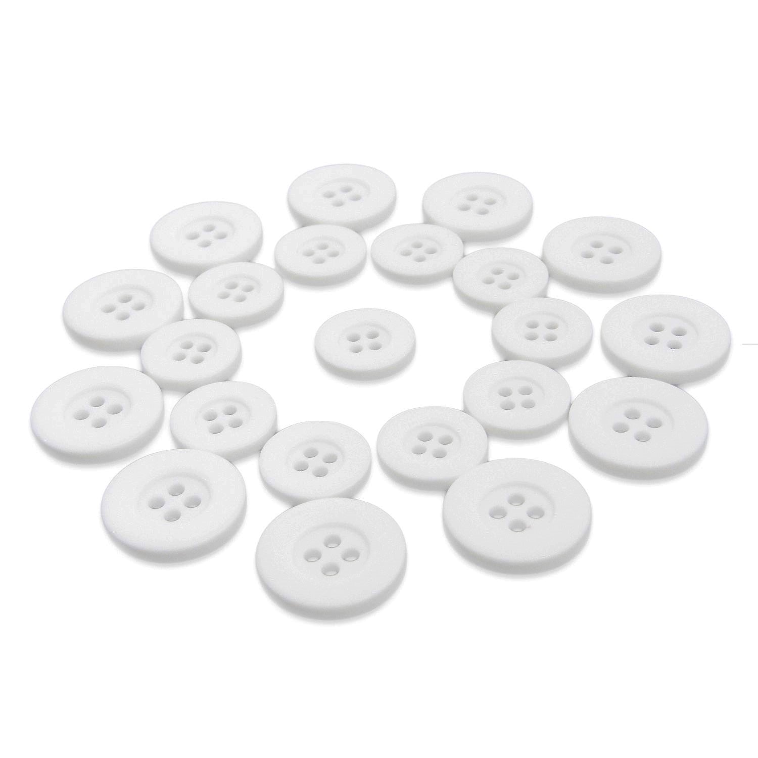 Lab Coat Buttons in assorted sizes made of white plastic, arranged in a circular pattern on a white background.