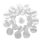 Lab Coat Buttons: Clear, scratch-resistant buttons with two holes in a spiral pattern on white—perfect for lab coats and medical uniforms.