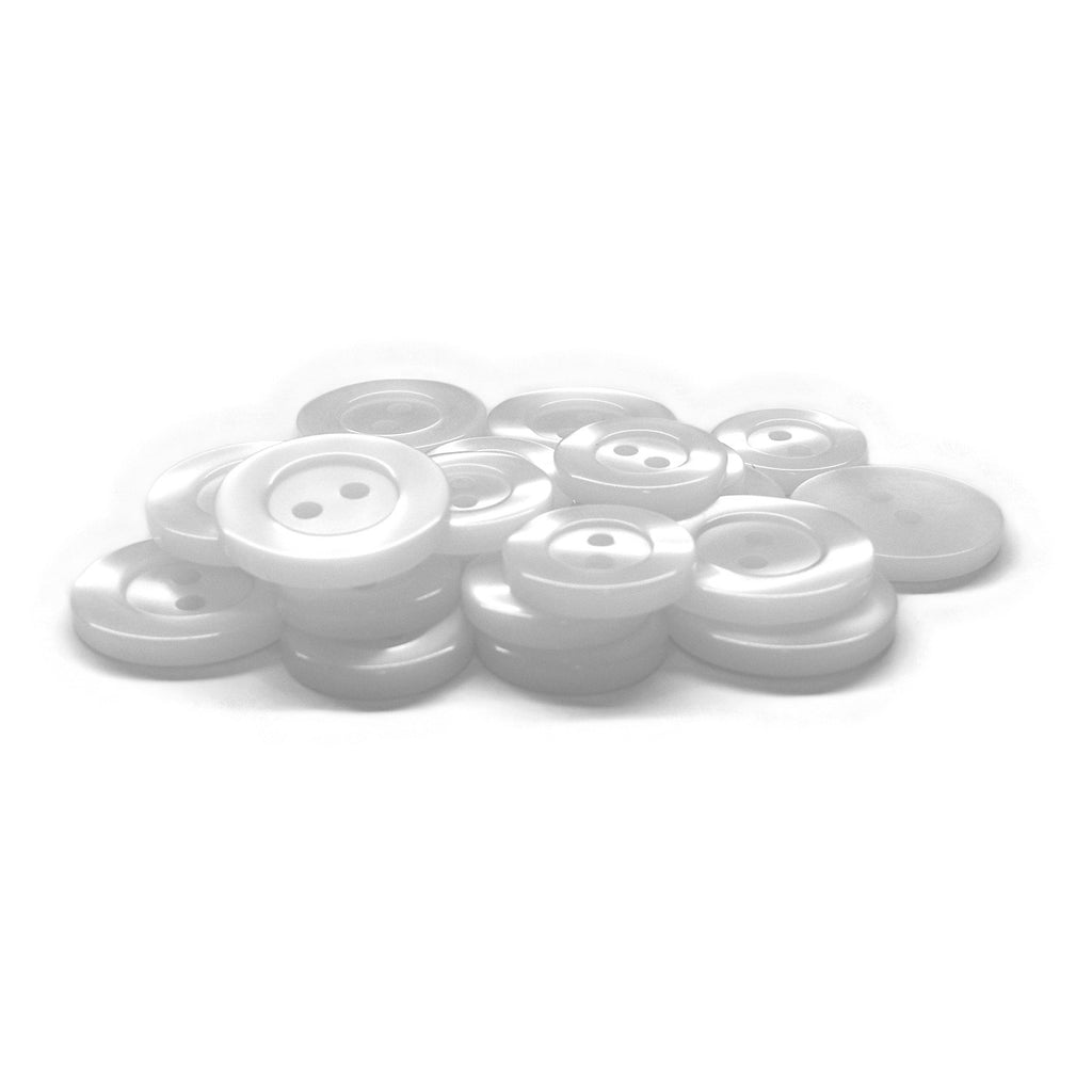 A pile of Lab Coat Buttons, featuring both two-hole and four-hole designs, displayed on a white background.