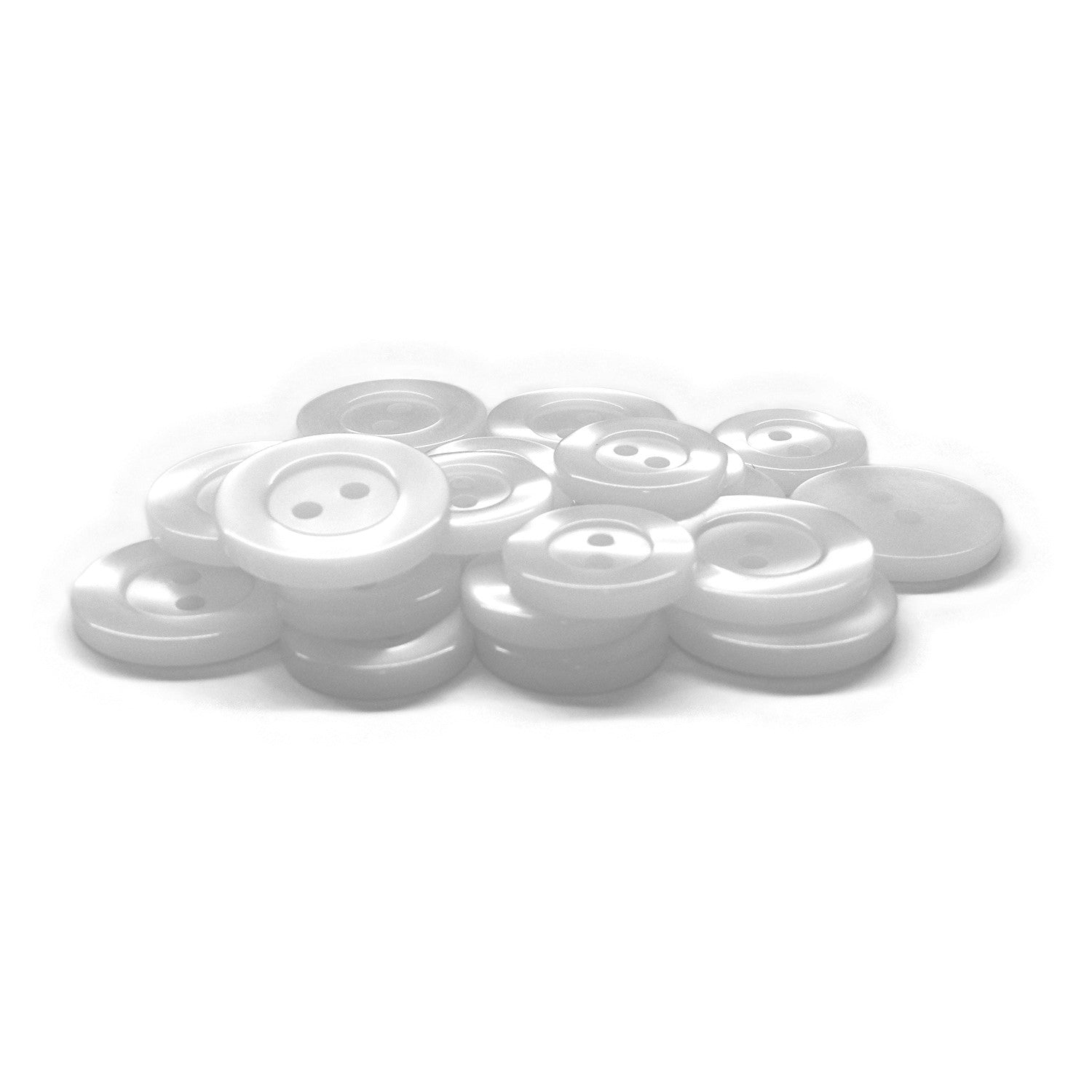 A pile of Lab Coat Buttons, featuring both two-hole and four-hole designs, displayed on a white background.