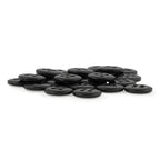A pile of Trouser Fly Pant Buttons—small, round, navy, four-hole buttons—arranged on a white surface, perfect as garment replacement buttons.