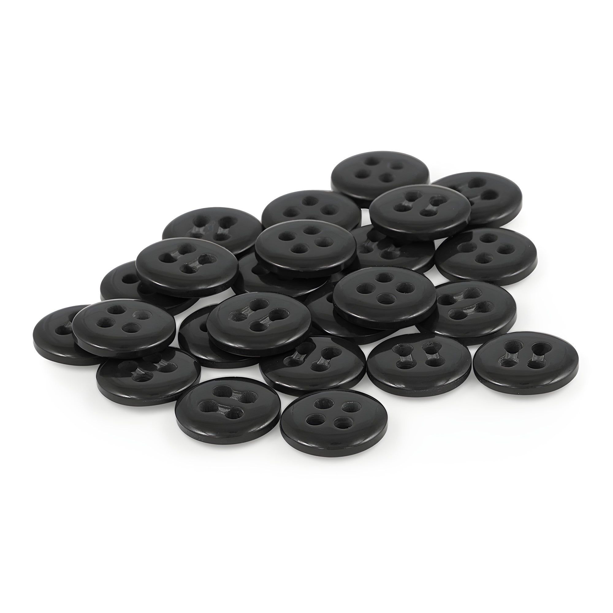 A set of small, round black Trouser Fly Pant Buttons with four holes each is displayed on a white background.