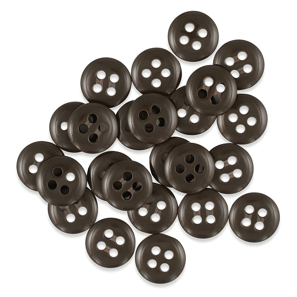 A pile of round, dark brown Trouser Fly Pant Buttons with four holes each is scattered on a white background.