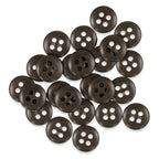 A pile of round, dark brown Trouser Fly Pant Buttons with four holes each is scattered on a white background.