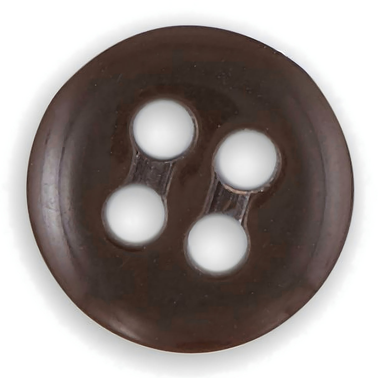 The Trouser Fly Pant Buttons are round, dark brown, four-hole replacement buttons—perfect for use as trouser fly buttons.