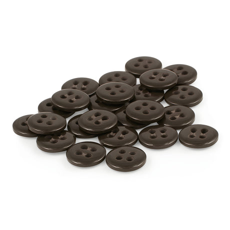 A set of small, round, dark brown Trouser Fly Pant Buttons with four holes is shown on a white background.