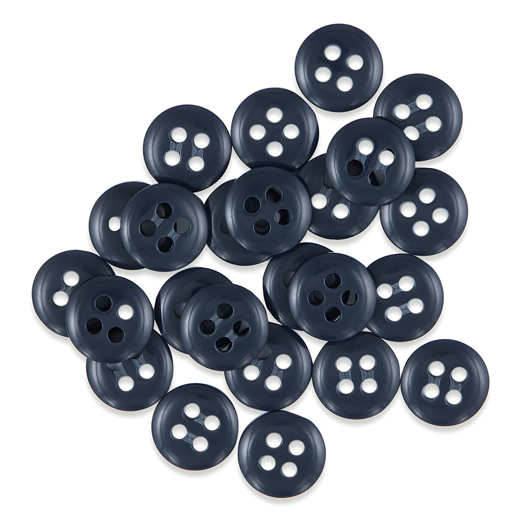 A set of Trouser Fly Pant Buttons in dark blue with four holes, scattered on a white background—ideal as replacement buttons for shirts or pant flies.