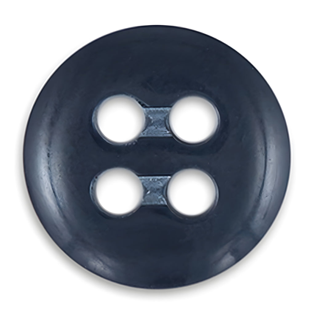 A round, dark blue Trouser Fly Pant Button with four holes on a white background—ideal as a replacement button for trousers or the fly.