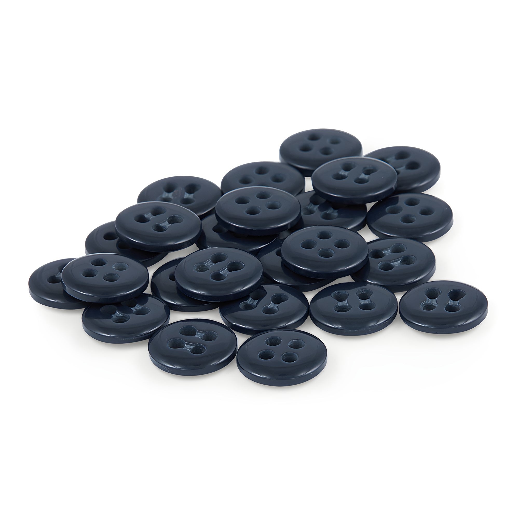 A pile of Trouser Fly Pant Buttons in dark blue with four holes is displayed on a white background—ideal replacement buttons for your next project.