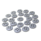 Twenty small round gray Trouser Fly Pant Buttons, featuring two and four holes, are neatly arranged in rows on a white background.