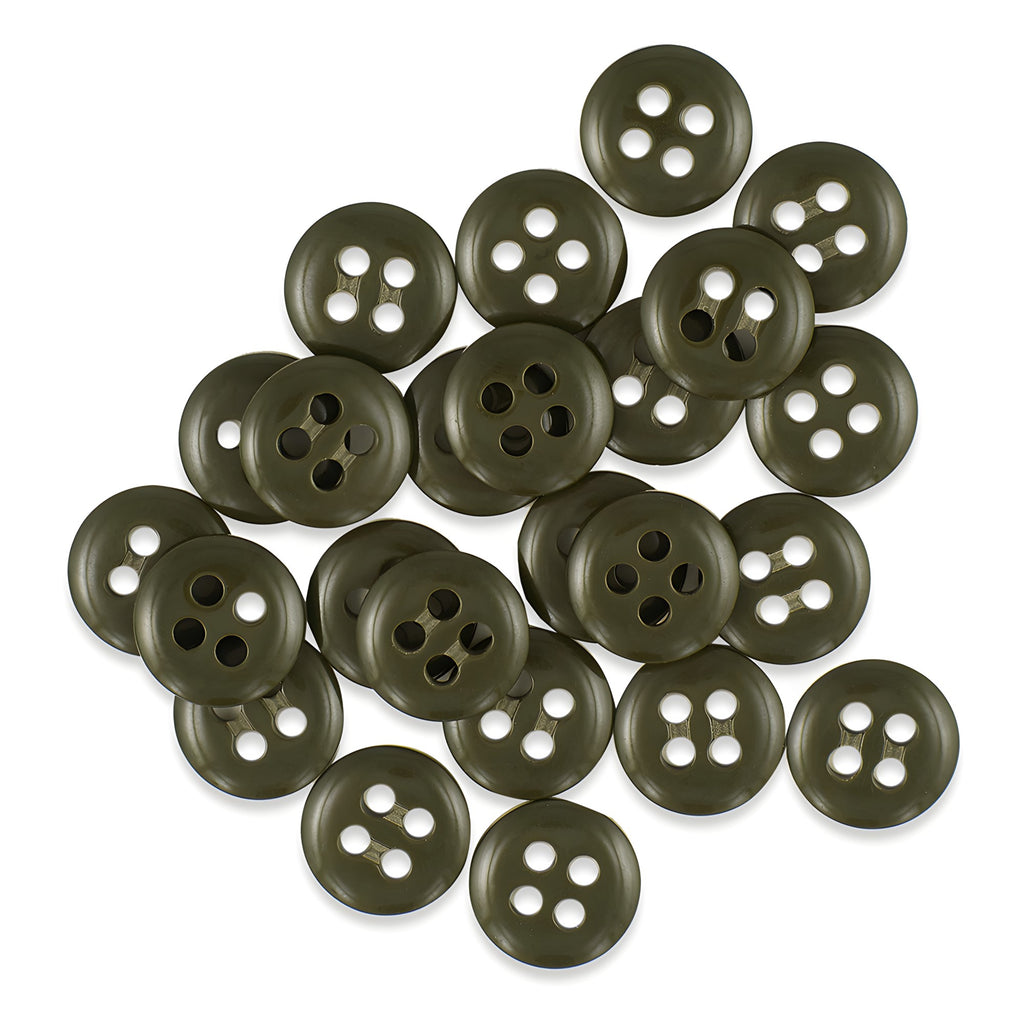 A pile of green Trouser Fly Pant Buttons with four holes scattered on a white background.
