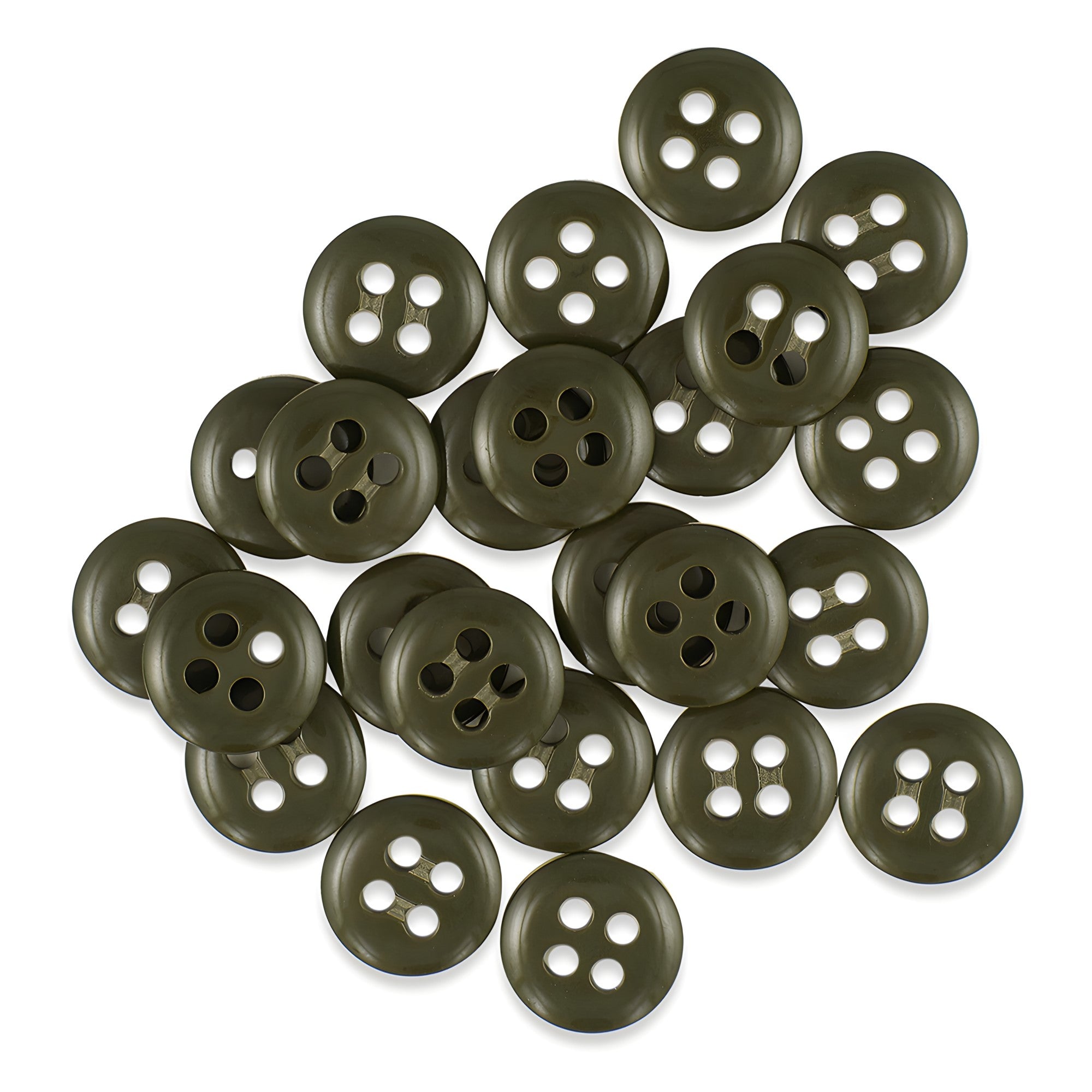A pile of green Trouser Fly Pant Buttons with four holes scattered on a white background.