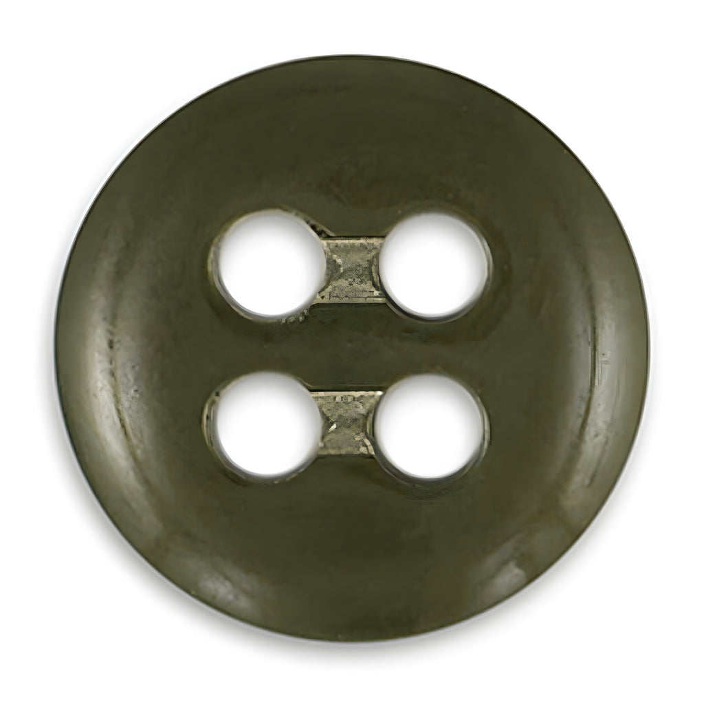 A round, dark green, four-hole Trouser Fly Pant Button viewed from above on a white background—perfect as a replacement for pant or trouser fly buttons.