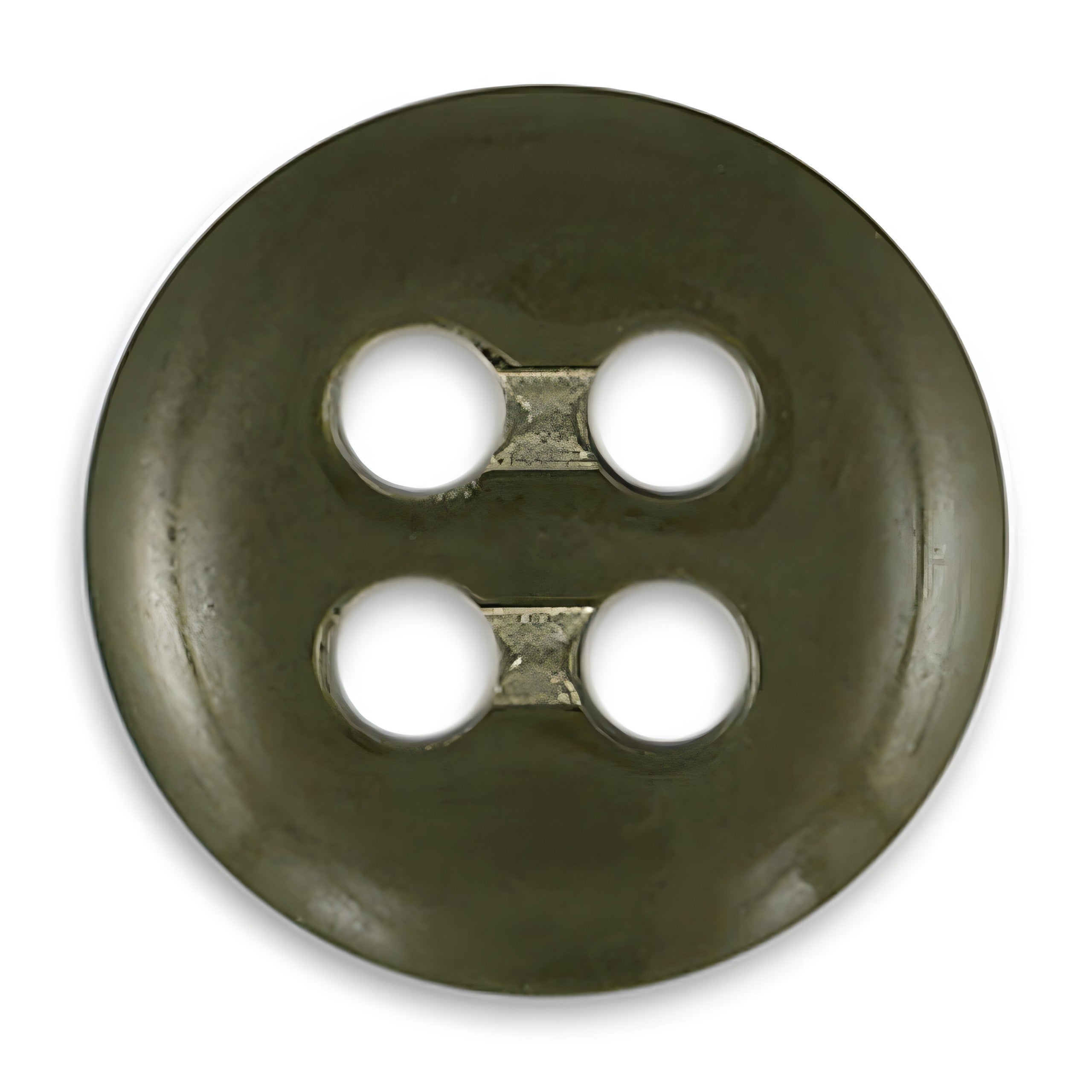 A round, dark green, four-hole Trouser Fly Pant Button viewed from above on a white background—perfect as a replacement for pant or trouser fly buttons.