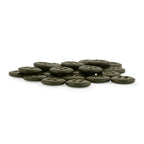 A pile of dark green Trouser Fly Pant Buttons with four holes arranged on a white background, perfect as replacement buttons for garments.