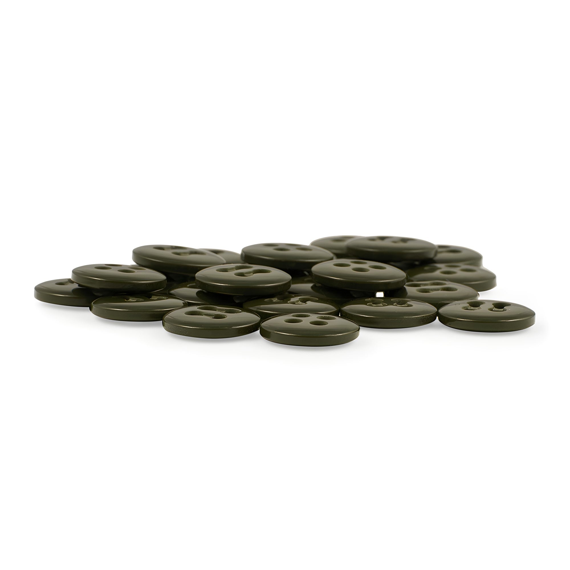 A pile of dark green Trouser Fly Pant Buttons with four holes arranged on a white background, perfect as replacement buttons for garments.