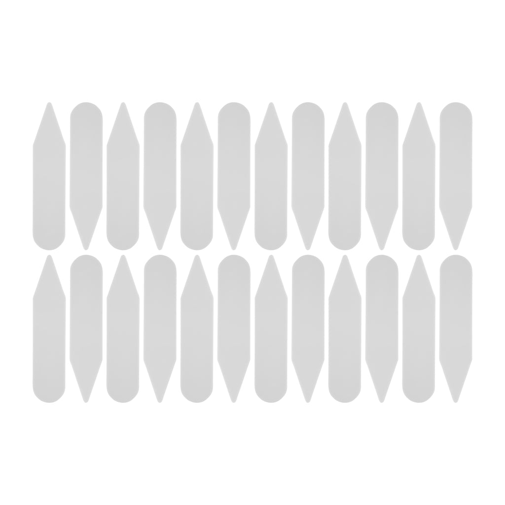 Twenty white Collar Stays, similar in shape to plastic labels or shirt collar supports, are displayed in three horizontal rows on a white background.