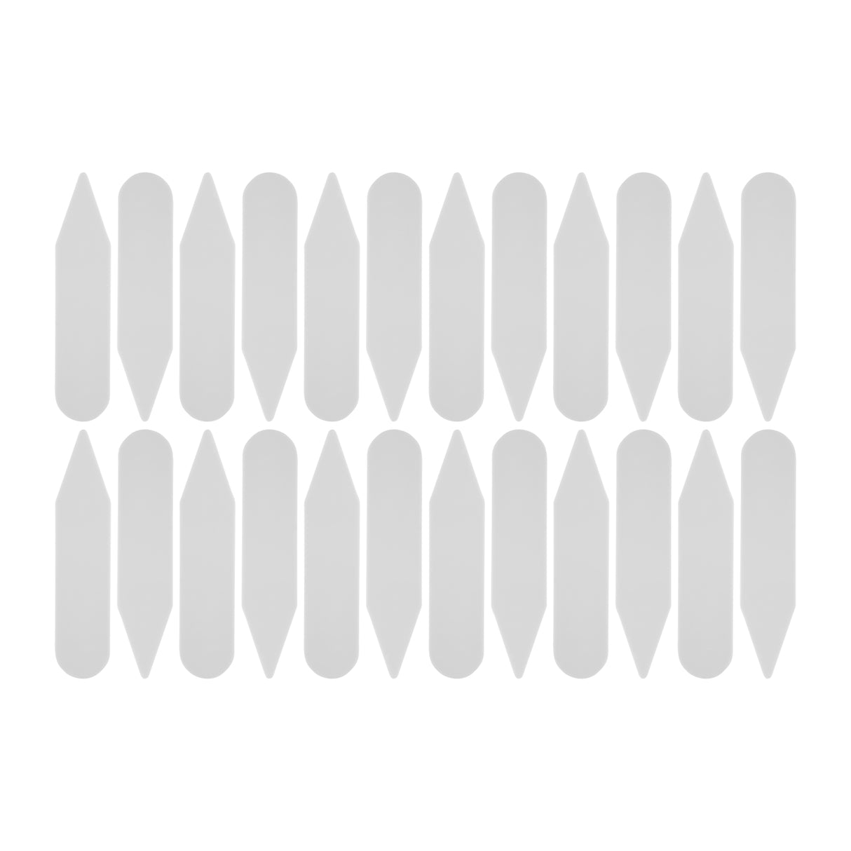 Twenty white Collar Stays, similar in shape to plastic labels or shirt collar supports, are displayed in three horizontal rows on a white background.