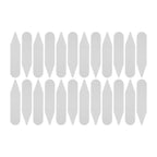 Twenty white Collar Stays, similar in shape to plastic labels or shirt collar supports, are displayed in three horizontal rows on a white background.