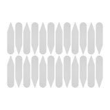 Twenty white Collar Stays, similar in shape to plastic labels or shirt collar supports, are displayed in three horizontal rows on a white background.