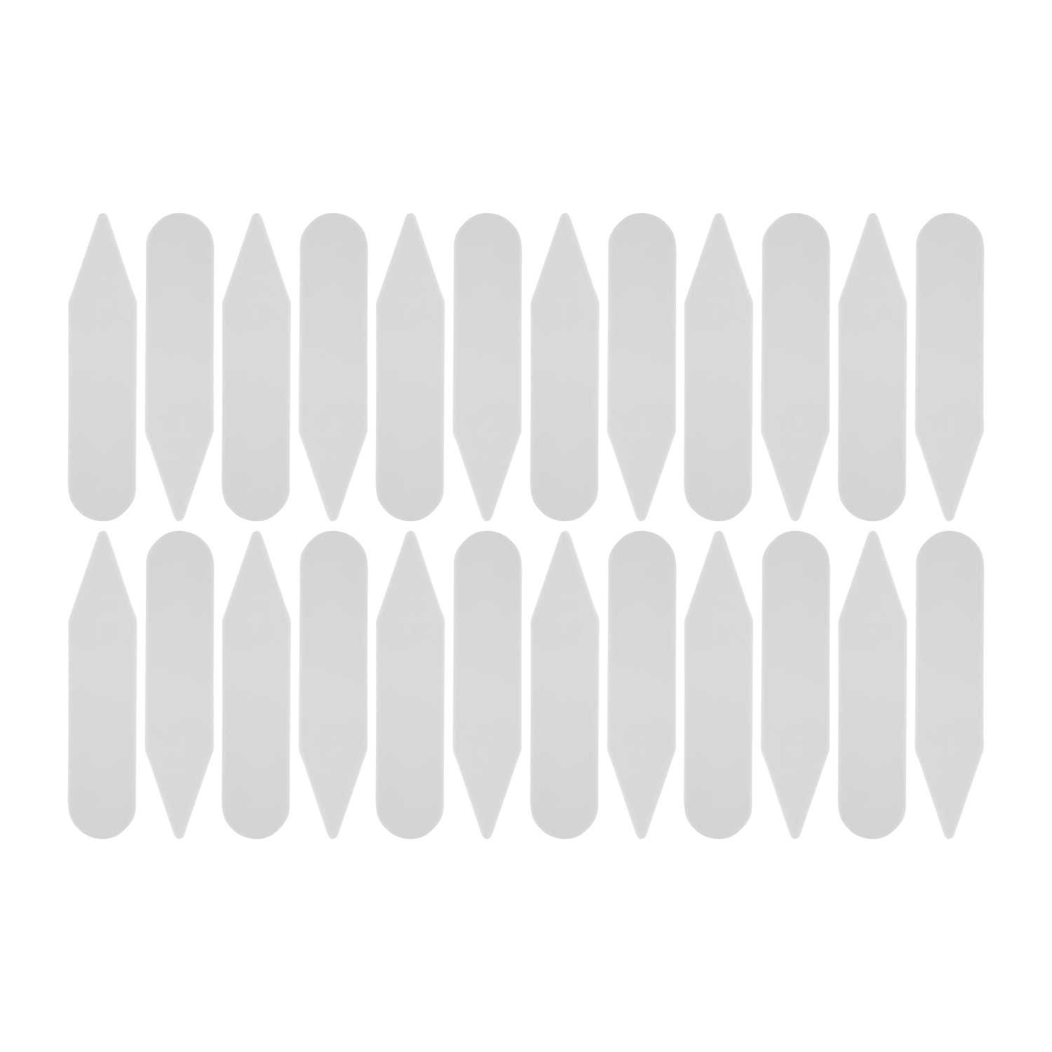 Twenty white Collar Stays, similar in shape to plastic labels or shirt collar supports, are displayed in three horizontal rows on a white background.