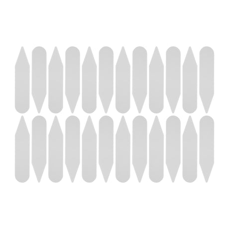 Twenty white Collar Stays, similar in shape to plastic labels or shirt collar supports, are displayed in three horizontal rows on a white background.